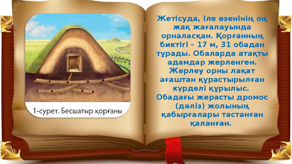Жетісуда, Іле өзенінің оң жақ жағалауында орналасқан. Қорғанның биктігі – 17 м, 31 обадан тұрады. Обаларда атақты адамдар ж
