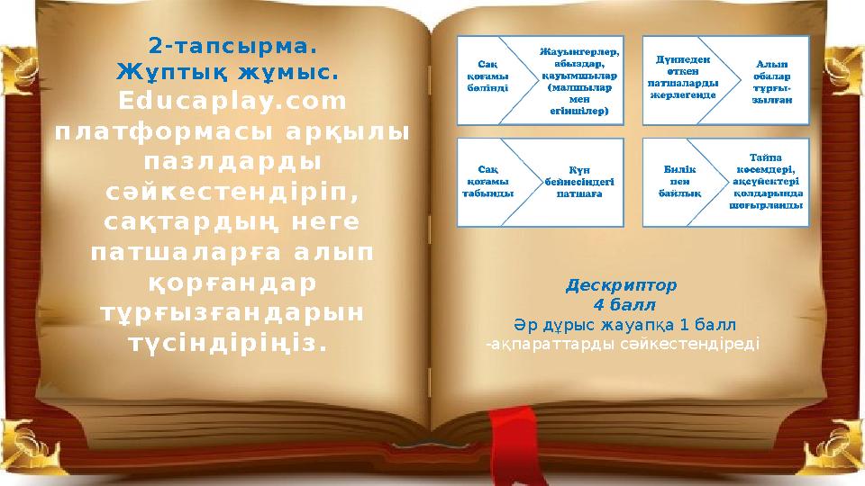 2-тапсырма. Жұптық жұмыс. Educaplay.com платформасы арқылы пазлдарды сәйкестендіріп, сақтардың неге патшаларға алып қорға