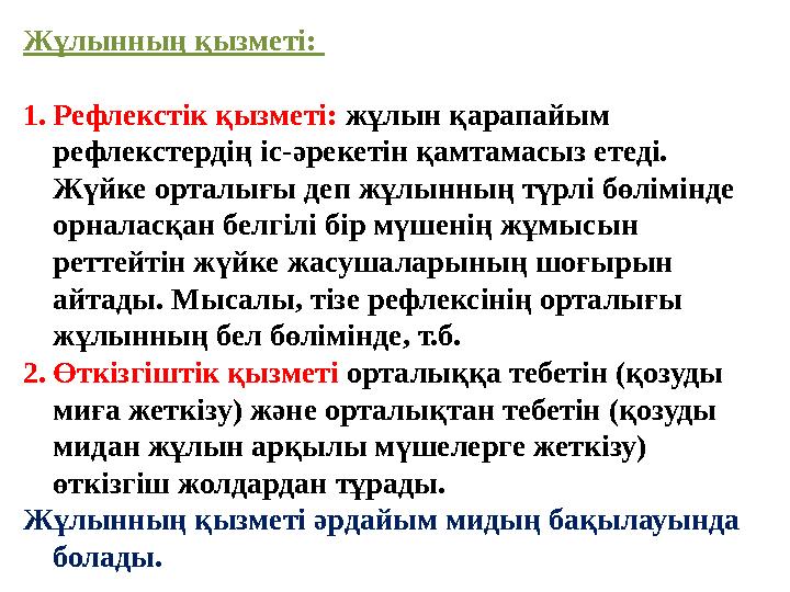 Жұлынның қызметі: 1.Рефлекстік қызметі: жұлын қарапайым рефлекстердің іс-әрекетін қамтамасыз етеді. Жүйке орталығы деп жұлынн