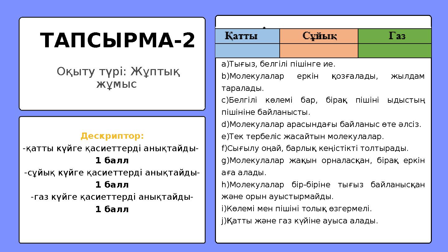 Дескриптор: -қатты күйге қасиеттерді анықтайды- 1 балл -сұйық күйге қасиеттерді анықтайды- 1 балл -газ күйге қасиеттерді анықта