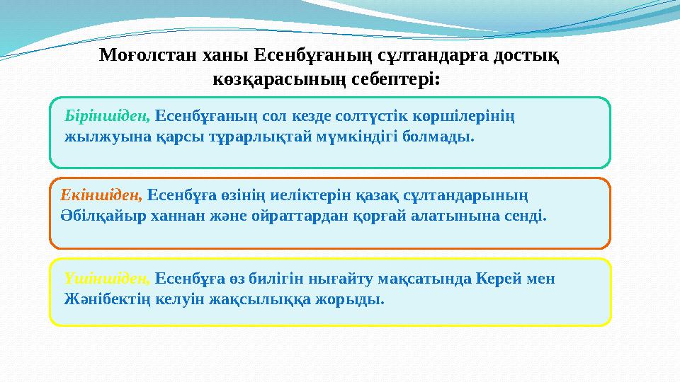 Моғолстан ханы Есенбұғаның сұлтандарға достық көзқарасының себептері: Бірiншiден, Есенбұғаның сол кезде солтүстiк көршiлерiнiң