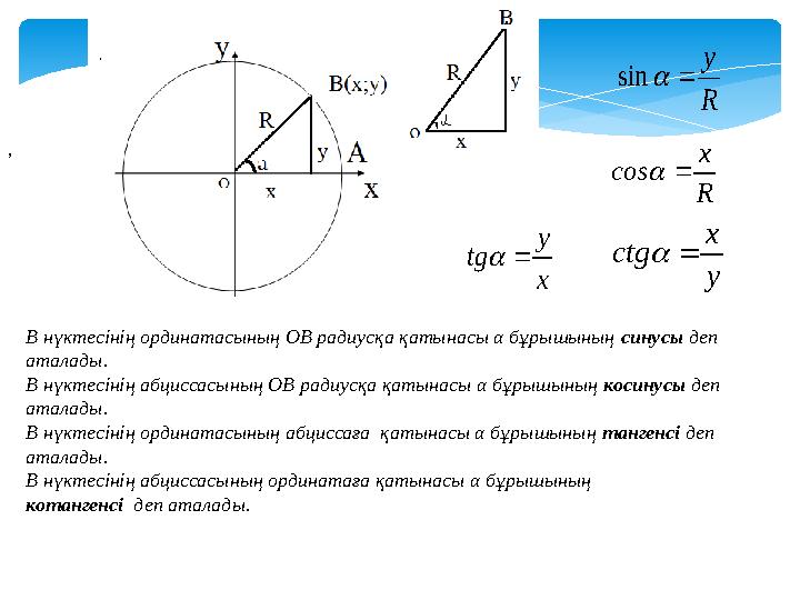 В нүктесінің ординатасының ОВ радиусқа қатынасы α бұрышының синусы деп аталады. В нүктесінің абциссасының ОВ радиусқа қатынас