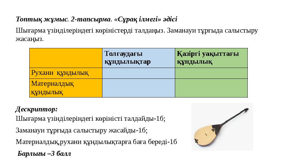 Топтық жұмыс. 2-тапсырма. «Сұрақ ілмегі» әдісі Шығарма үзінділеріндегі көріністерді талдаңыз. Заманауи тұрғыда салыстыру жасаңы Топтық жұмыс. 2-тапсырма. «Сұрақ ілмегі» әдісі Шығарма үзінділеріндегі көріністерді талдаңыз. Заманауи тұрғыда салыстыру жасаңы
