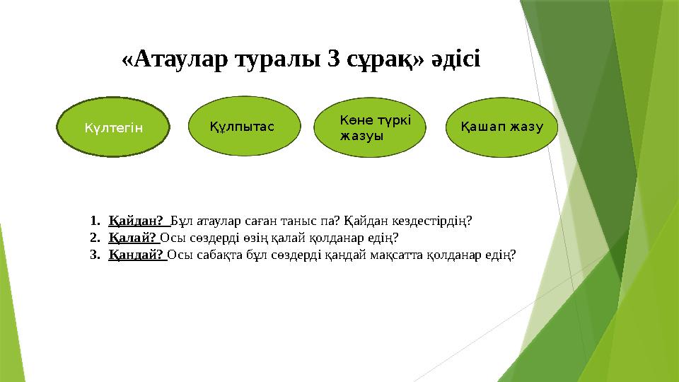 «Атаулар туралы 3 сұрақ» әдісі Күлтегін Құлпытас Көне түркі жазуы Қашап жазу 1.Қайдан? Бұл атаулар саған таныс