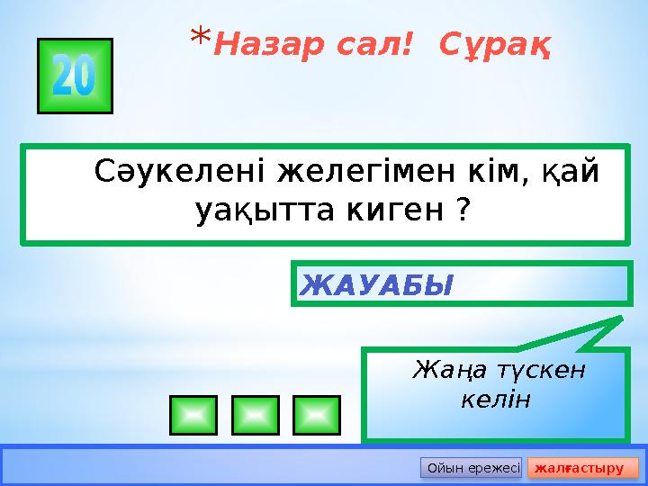 *Назар сал! Сұрақ Сәукелені желегімен кім, қай уақытта киген ? ЖАУАБЫ Жаңа түскен келін Ойын ережесі жалғастыру