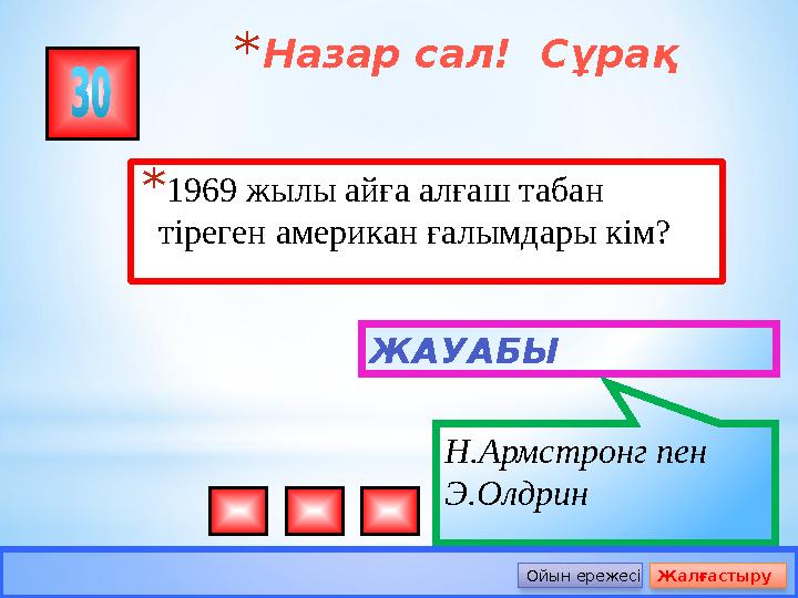 *Назар сал! Сұрақ *1969 жылы айға алғаш табан тіреген американ ғалымдары кім? ЖАУАБЫ Н.Армстронг пен Э.Олдрин Ойын ережес