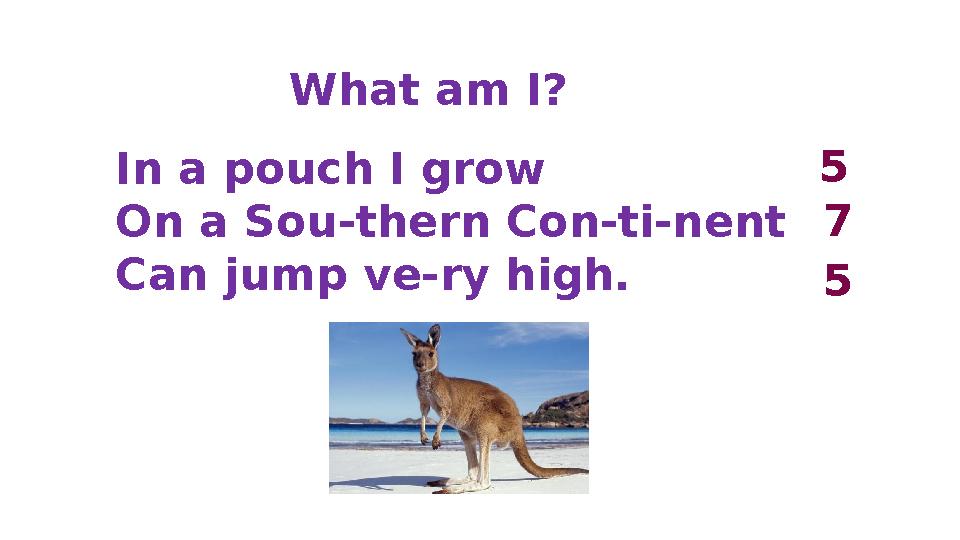 What am I? In a pouch I grow On a Sou-thern Con-ti-nent Can jump ve-ry high. 5 7 5