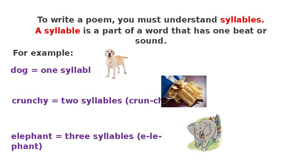 To write a poem, you must understand syllables. A syllable is a part of a word that has one beat or sound. For example: dog = o