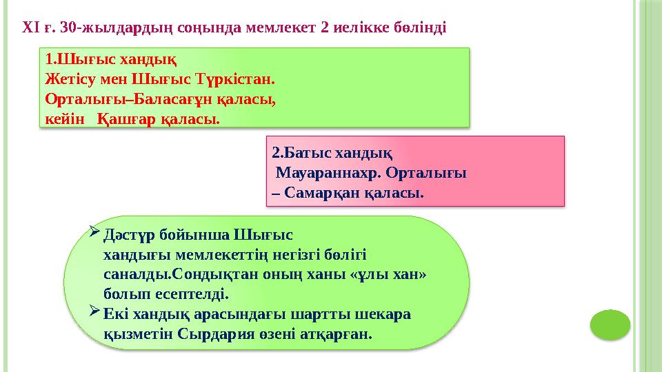 1.Шығыс хандық Жетісу мен Шығыс Түркістан. Орталығы–Баласағұн қаласы, кейін Қашғар қаласы. 2.Батыс хандық Мауараннах