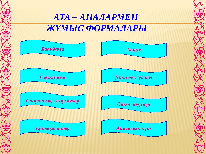 АТА – АНАЛАРМЕН ЖҰМЫС ФОРМАЛАРЫ Баяндама Дөңгелек үстел Акция Сауалнама Спорттық жарыстар Ашық есік күніЕртеңгіліктер Ойы