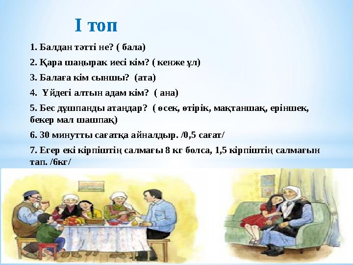1. Балдан тәтті не? ( бала) 2. Қара шаңырак иесі кім? ( кенже ұл) 3. Балаға кім сыншы? (ата) 4. Үйдегі алтын адам кім? ( ана)
