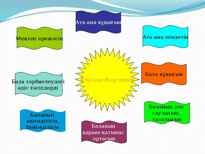 Баланың ден саулығын, тазалығын Баланың икемділігін, бейімділігін Ата-ана құқығын Бала тәрбиелеудегі әдіс-тәсілдерді Баланы