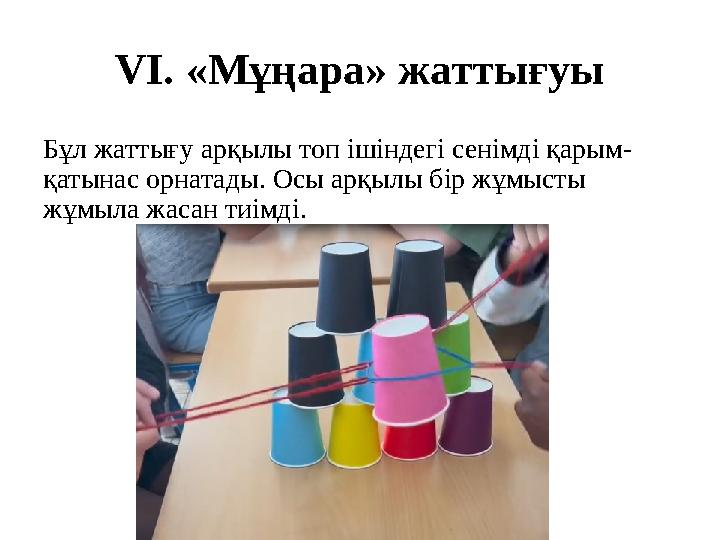 VI. «Мұңара» жаттығуы Бұл жаттығу арқылы топ ішіндегі сенімді қарым- қатынас орнатады. Осы арқылы бір жұмысты жұмыла жасан тиім