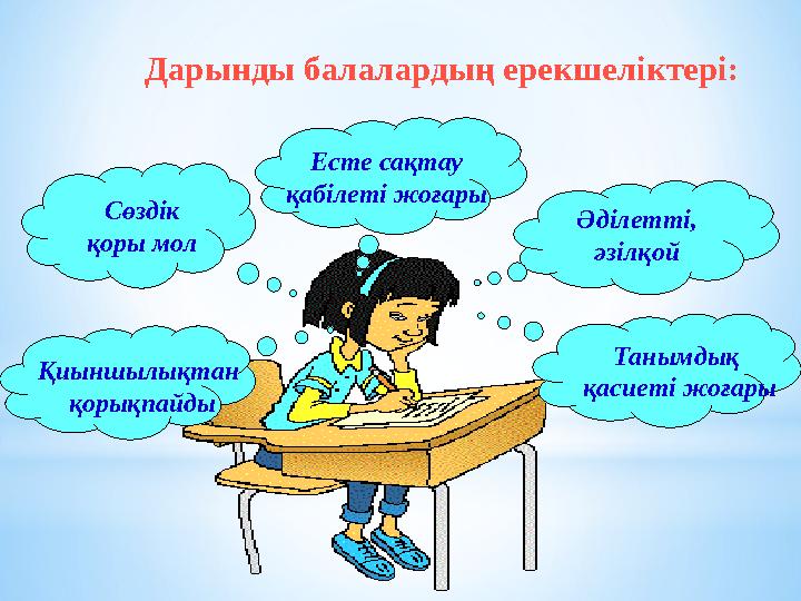 Дарынды балалардың ерекшеліктері: Әділетті, әзілқой Сөздік қоры мол Есте сақтау қабілеті жоғары Танымдық қасиеті жоғары Қиынш