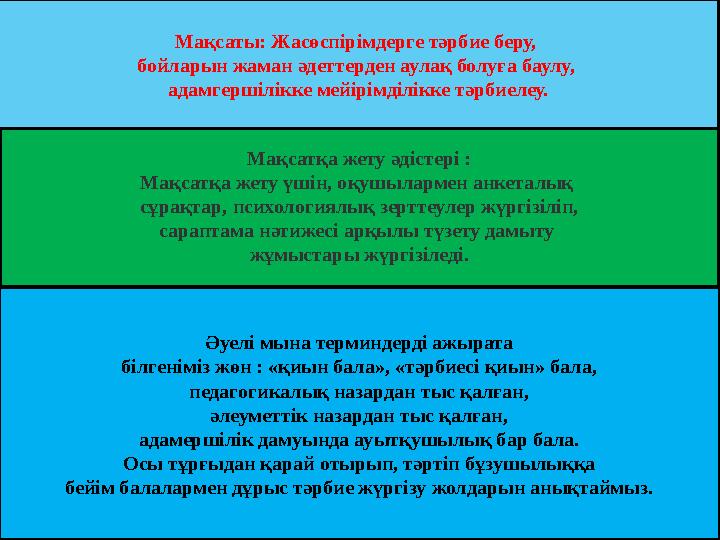 Мақсатқа жету Әдістері Мақсатқа жету әдістері : Мақсатқа жету үшін, оқушылармен анкеталық сұрақтар, психологиялық зерттеулер ж