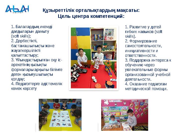 Құзыреттілік орталықтардың мақсаты: Цель центра компетенций: 4 5 6 1. Балалардың икемді дағдыларын дамыту (soft skills); 2. Д