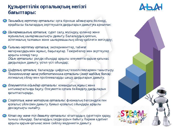 Құзыреттілік орталықтың негізгі бағыттары: Танымдық-зерттеу орталығы: орта бірнеше аймақтарға бөлінеді, әрқайсысы бала