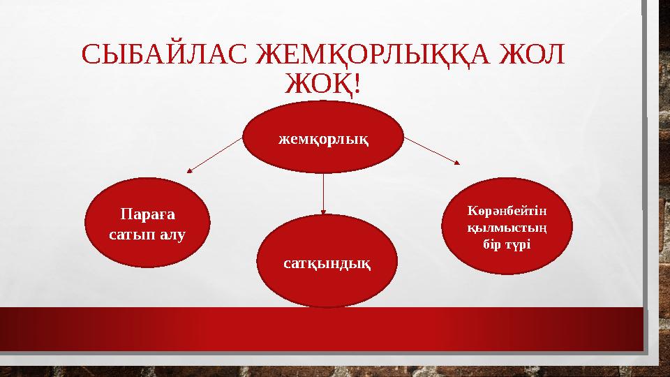 СЫБАЙЛАС ЖЕМҚОРЛЫҚҚА ЖОЛ ЖОҚ! жемқорлық Параға сатып алу сатқындық Көрәнбейтін қылмыстың бір түрі