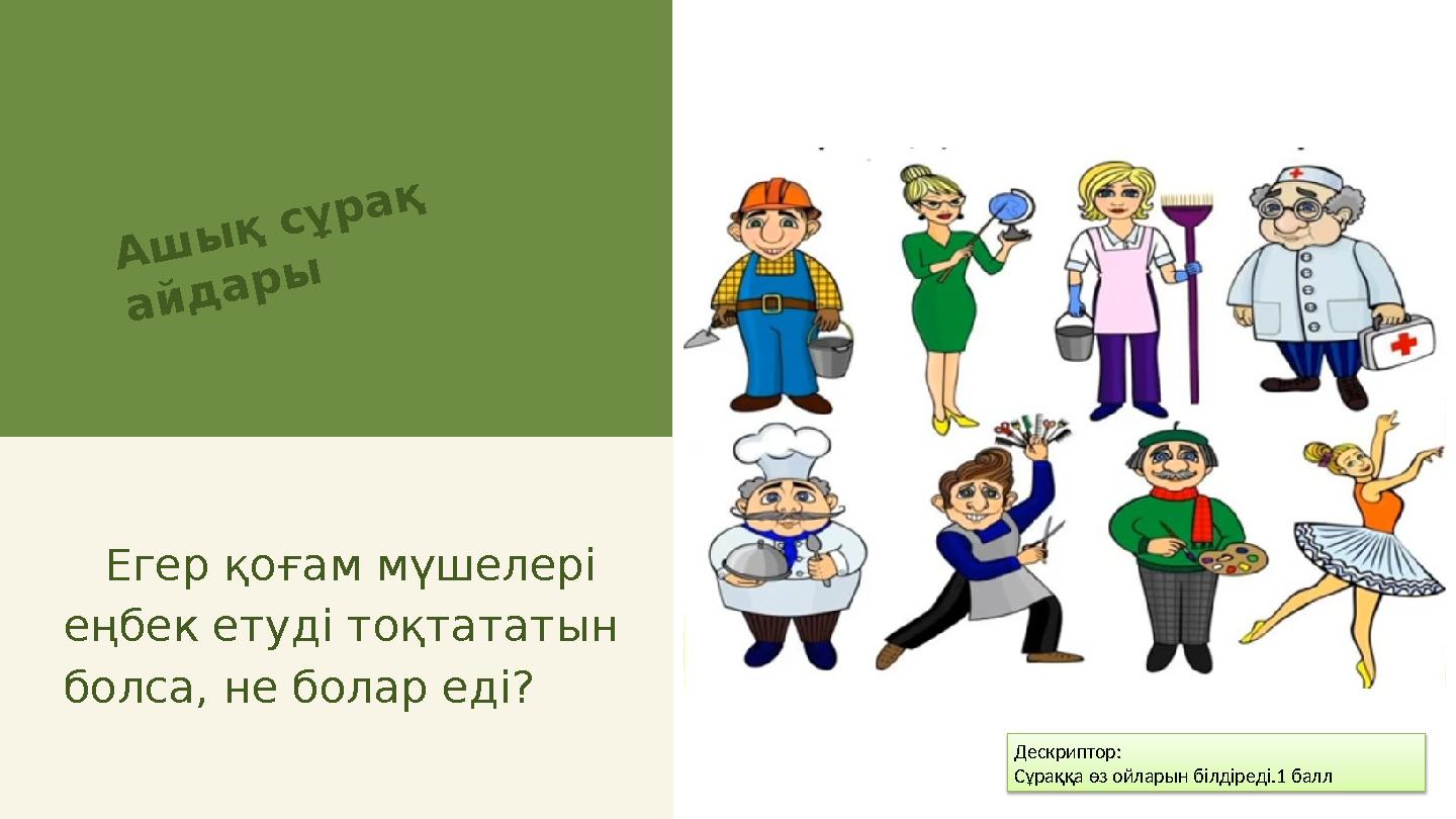 Ашық сұрақ айдары Егер қоғам мүшелері еңбек етуді тоқтататын болса, не болар еді? 10 Дескриптор: Сұраққа өз ойларын білдір