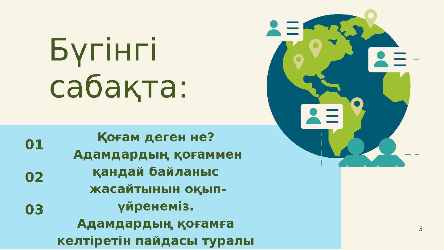 Бүгінгі сабақта: 01 02 03 Қоғам деген не? Адамдардың қоғаммен қандай байланыс жасайтынын оқып- үйренеміз. Адамдардың қоғамға