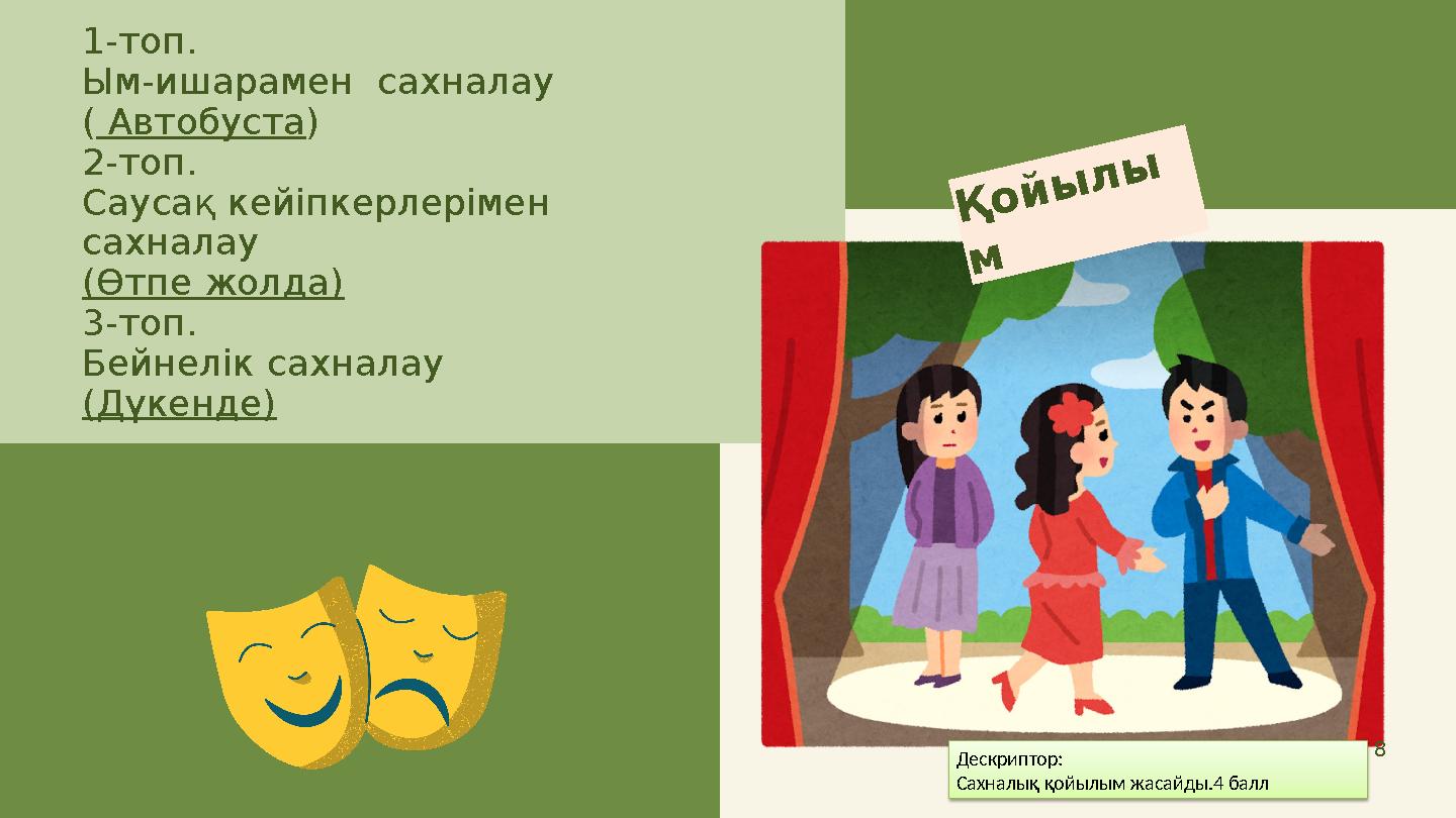 1-топ. Ым-ишарамен сахналау ( Автобуста) 2-топ. Саусақ кейіпкерлерімен сахналау (Өтпе жолда) 3-топ. Бейнелік сахналау (Дүк
