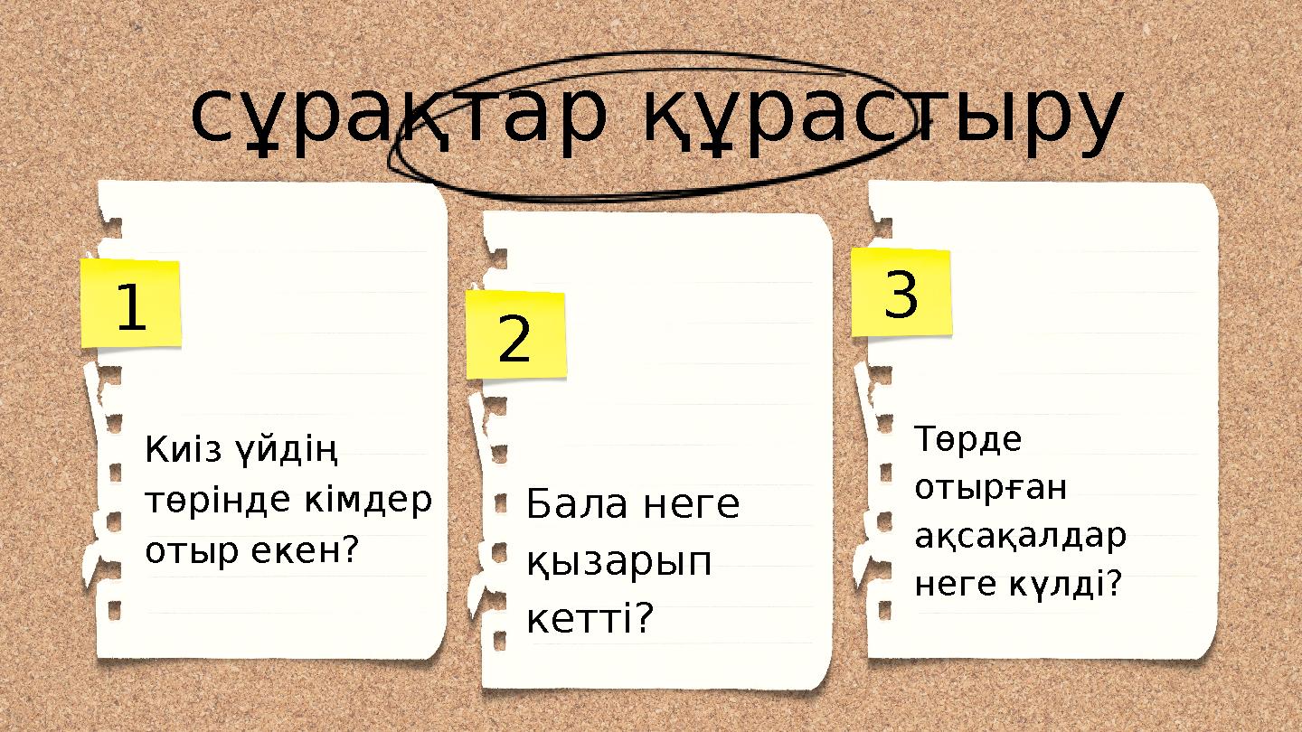 сұрақтар құрастыру Төрде отырған ақсақалдар неге күлді? Бала неге қызарып кетті? Киіз үйдің төрінде кімдер отыр екен? 1 2