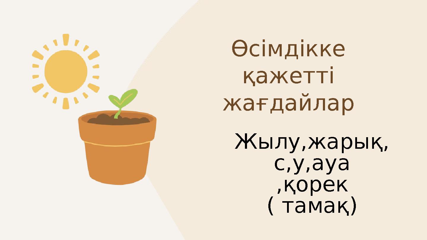 Жылу,жарық, с,у,ауа ,қорек ( тамақ) Өсімдікке қажетті жағдайлар