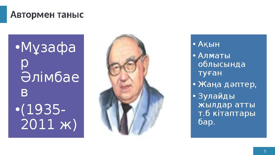 5 Автормен таныс •Мұзафа р Әлімбае в •(1935- 2011 ж) •Ақын •Алматы облысында туған •Жаңа дәптер, •Зулайды жылдар атты т.б к
