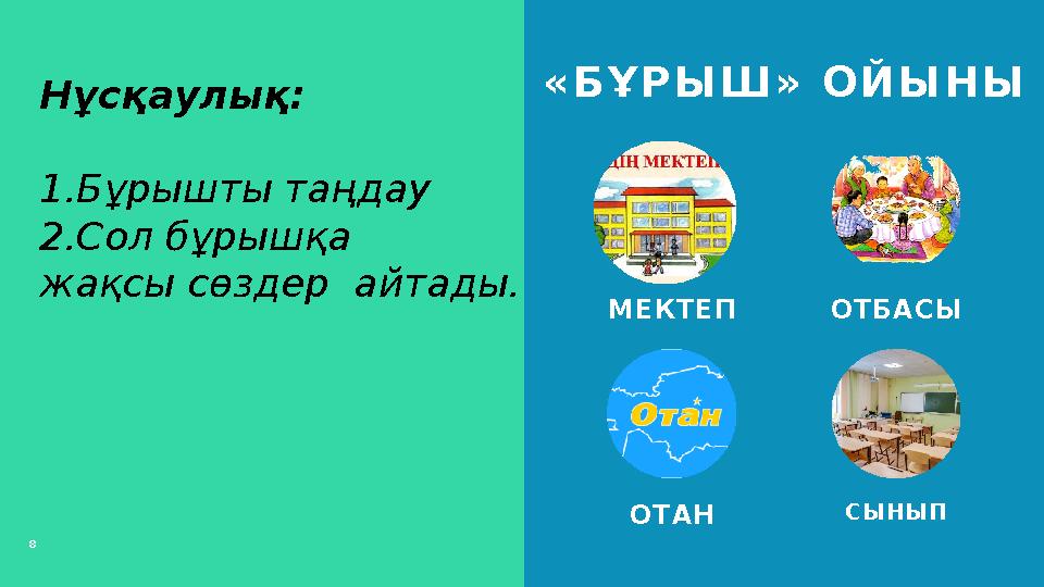 8 «БҰРЫШ» ОЙЫНЫ МЕКТЕП ОТБАСЫ ОТАН СЫНЫП Нұсқаулық: 1.Бұрышты таңдау 2.Сол бұрышқа жақсы сөздер айтады.