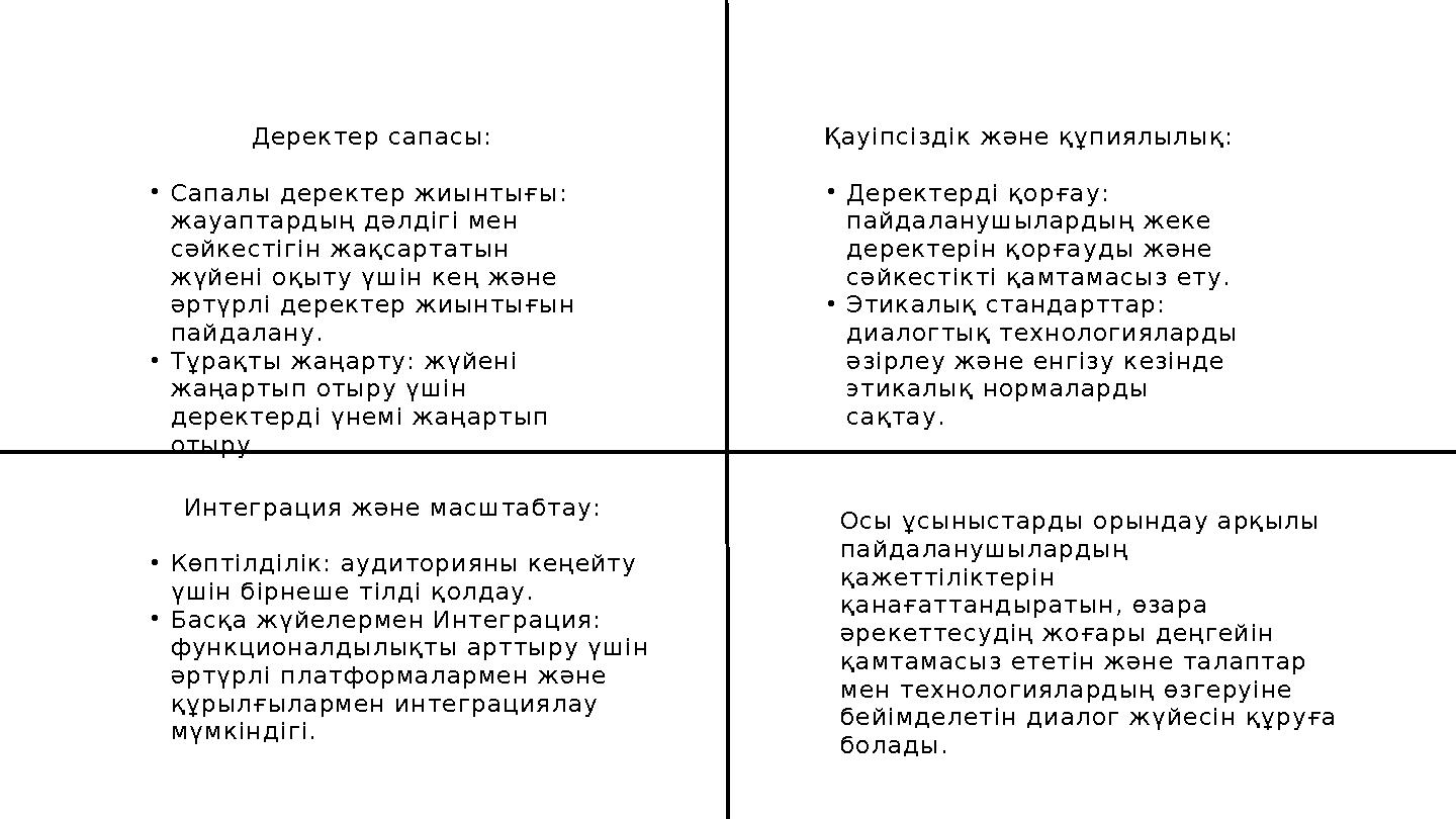 Деректер сапасы: •Сапалы деректер жиынтығы: жауаптардың дәлдігі мен сәйкестігін жақсартатын жүйені оқыту үшін кең және әртүр