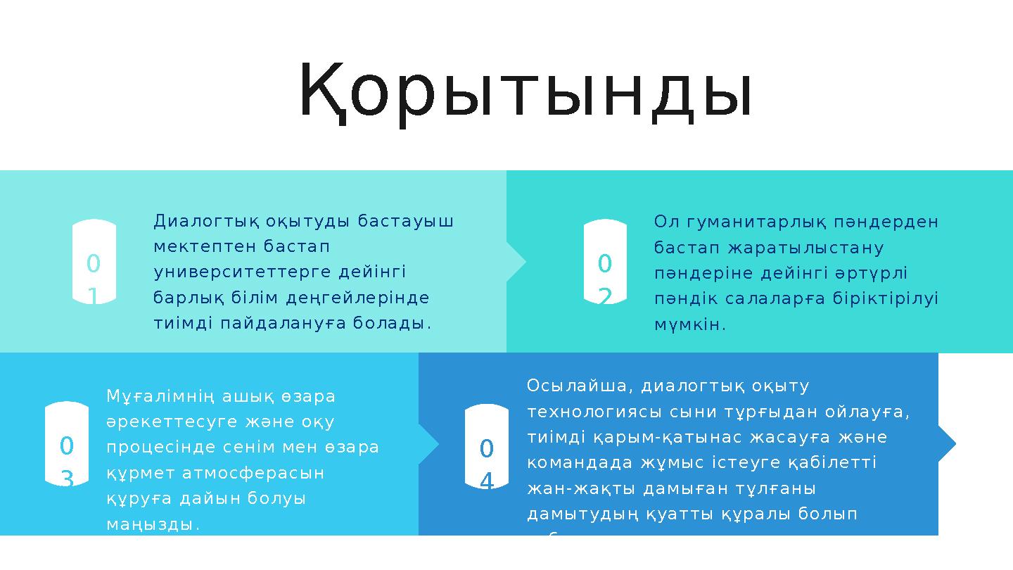 Қорытынды 0 2 0 1 0 3 Диалогтық оқытуды бастауыш мектептен бастап университеттерге дейінгі барлық білім деңгейлерінде тиімді