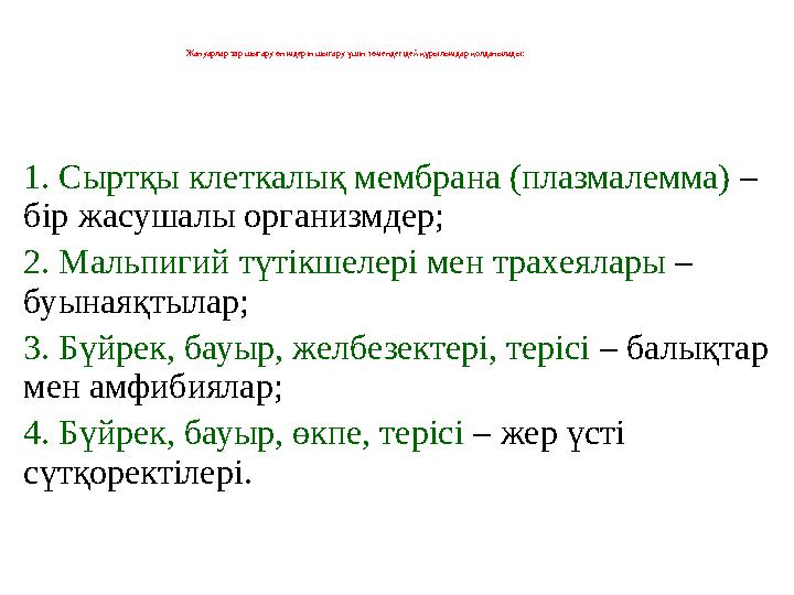 1. Сыртқы клеткалық мембрана (плазмалемма) – бір жасушалы организмдер; 2. Мальпигий түтікшелері мен трахеялары – буынаяқтылар;