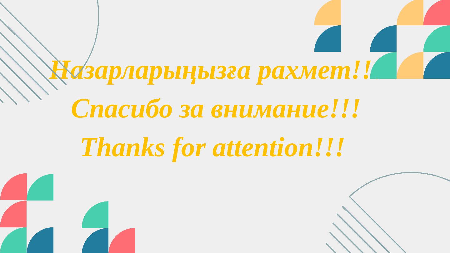 Назарларыңызға рахмет!!! Спасибо за внимание!!! Thanks for attention!!!
