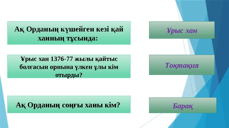 Ақ Орданың күшейген кезі қай ханның тұсында: Ұрыс хан Ұрыс хан 1376-77 жылы қайтыс болғасын орнына үлкен ұл