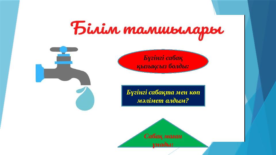Бүгінгі сабақ қызықсыз болды: Бүгінгі сабақта мен көп мәлімет алдым? Сабақ маған ұнады: