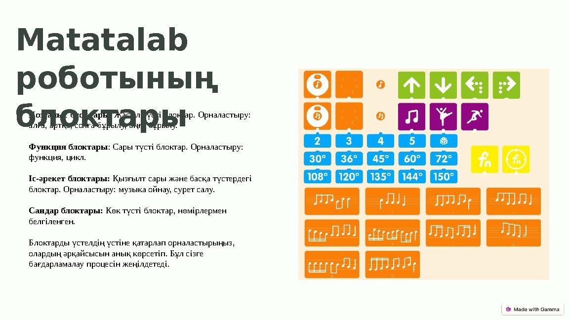 Қозғалыс блоктары: Жасыл түсті блоктар. Орналастыру: алға, артқа, солға бұрылу, оңға бұрылу. Функция блоктары: Сары түсті блокт Қозғалыс блоктары: Жасыл түсті блоктар. Орналастыру: алға, артқа, солға бұрылу, оңға бұрылу. Функция блоктары: Сары түсті блокт