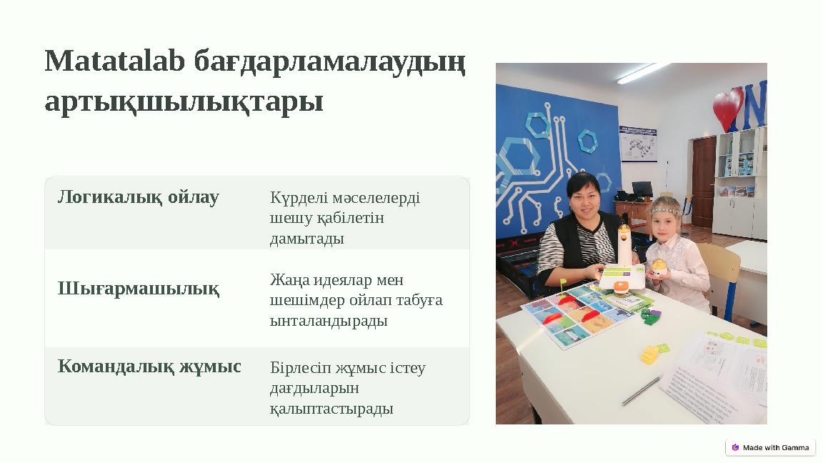 Matatalab бағдарламалаудың артықшылықтары Логикалық ойлау Күрделі мәселелерді шешу қабілетін дамытады Шығармашылық Жаңа ид Matatalab бағдарламалаудың артықшылықтары Логикалық ойлау Күрделі мәселелерді шешу қабілетін дамытады Шығармашылық Жаңа ид