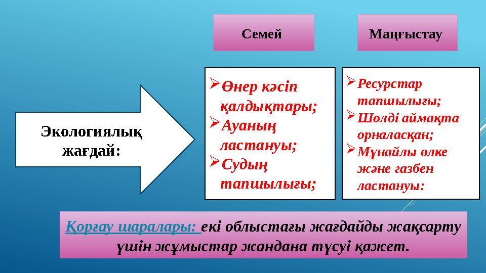 Экологиялық жағдай: Семей Маңғыстау Өнер кәсіп қалдықтары; Ауаның ластануы; Судың тапшылығы; Ресурстар тапшылығы; Ш