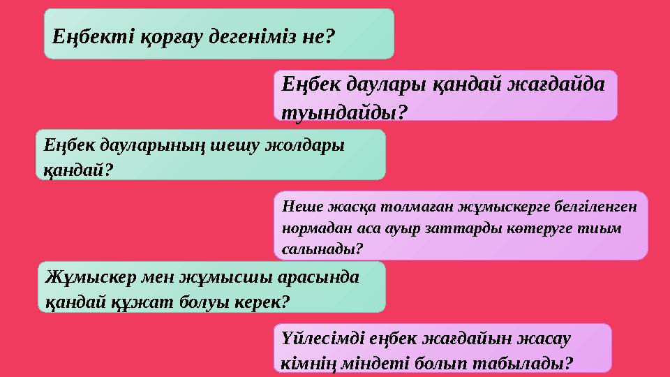 Еңбекті қорғау дегеніміз не? Еңбек даулары қандай жағдайда туындайды? Еңбек дауларының шешу жолдары қандай? Неше жасқа толмаға