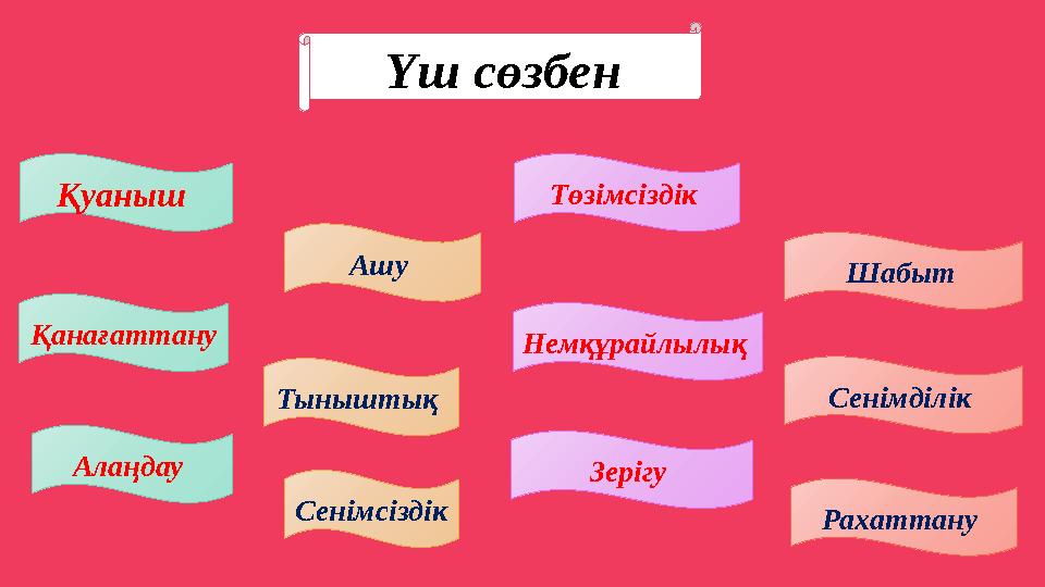 Үш сөзбен Қанағаттану Алаңдау Сенімсіздік Немқұрайлылық Тыныштық Қуаныш Ашу Төзімсіздік Шабыт Зерігу Сенімділік Рахат