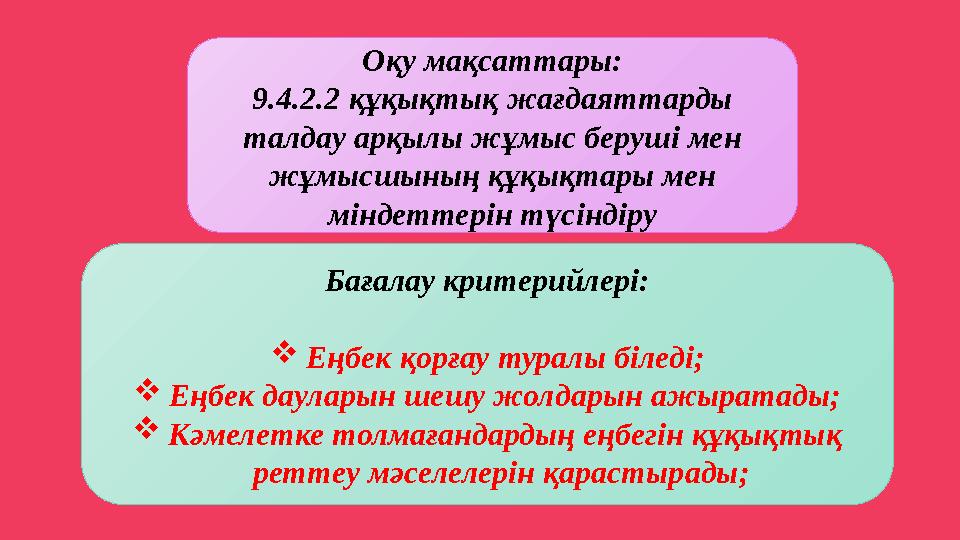 Оқу мақсаттары: 9.4.2.2 құқықтық жағдаяттарды талдау арқылы жұмыс беруші мен жұмысшының құқықтары мен міндеттерін түсіндіру Б