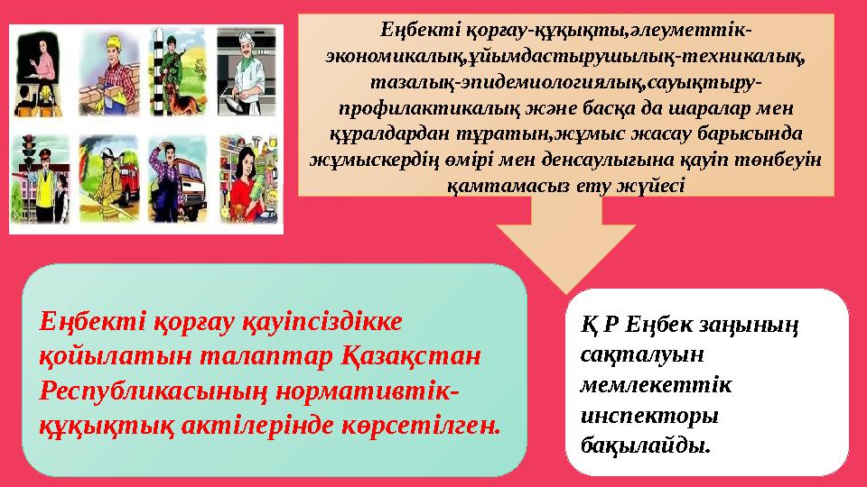 Еңбекті қорғау-құқықты,әлеуметтік- экономикалық,ұйымдастырушылық-техникалық, тазалық-эпидемиологиялық,сауықтыру- профилактикалы