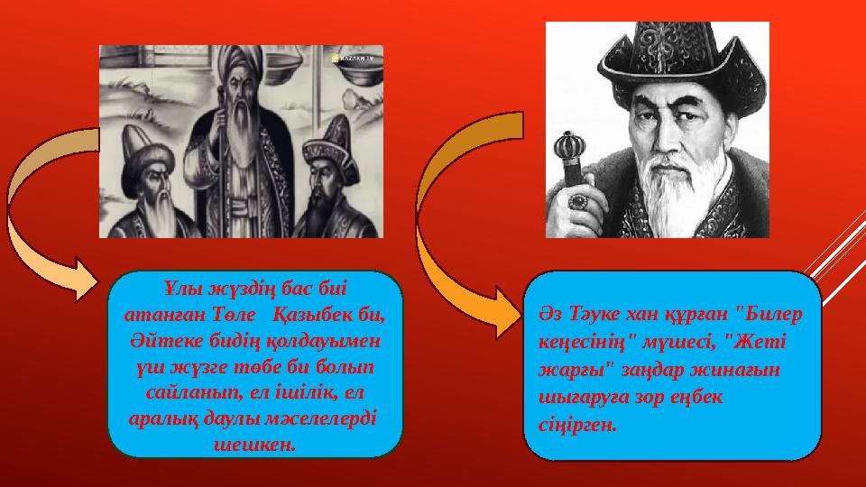 Ұлы жүздің бас биі атанған Төле Қазыбек би, Әйтеке бидің қолдауымен үш жүзге төбе би болып сайланып, ел ішілік, ел аралық