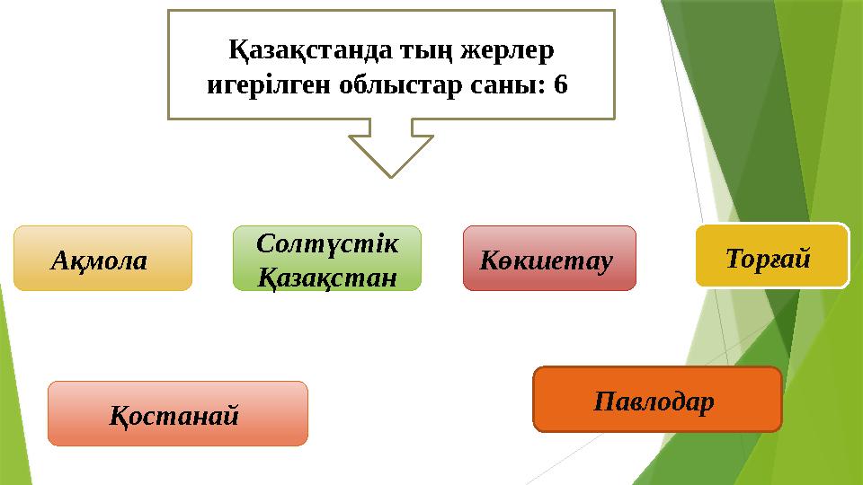 Қазақстанда тың жерлер игерілген облыстар саны: 6 Ақмола Солтүстік Қазақстан Көкшетау Торғай Қостанай Павл