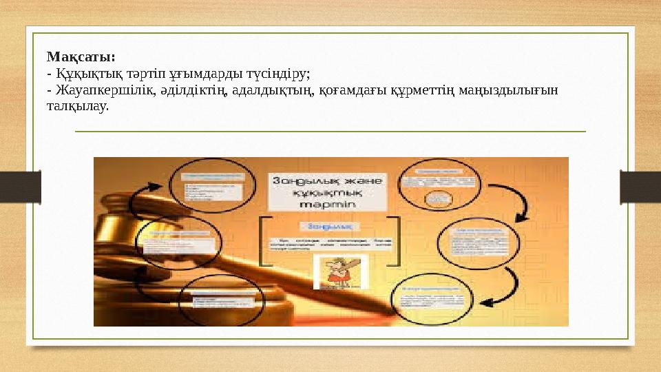 Мақсаты: - Құқықтық тәртіп ұғымдарды түсіндіру; - Жауапкершілік, әділдіктің, адалдықтың, қоғамдағы құрметтің маңыздылығын талқ