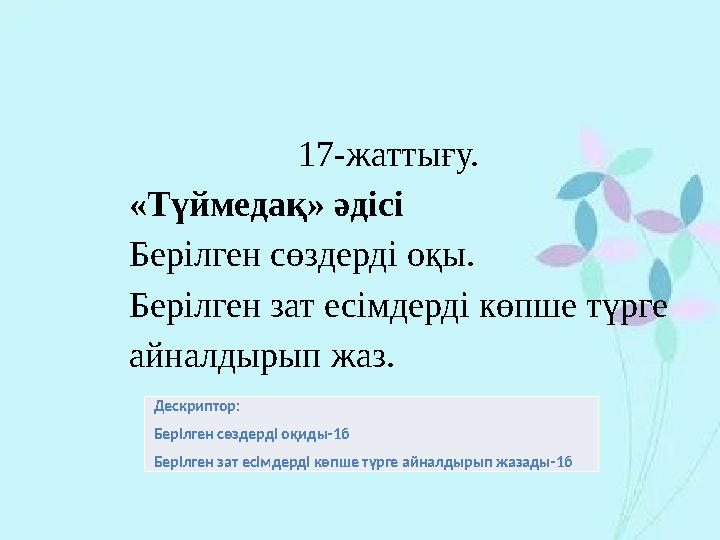 17-жаттығу. «Түймедақ» әдісі Берілген сөздерді оқы. Берілген зат есімдерді көпше түрге айналдырып жаз. Дескр