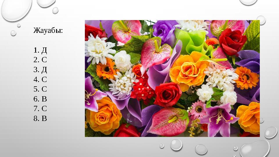 Жауабы: 1. Д 2. С 3. Д 4. С 5. С 6. В 7. С 8. В