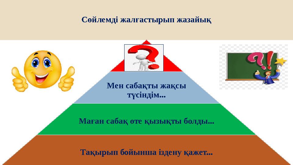 Сөйлемді жалғастырып жазайық Мен сабақты жақсы түсіндім... Маған сабақ өте қызықты болды... Тақырып бойынша іздену қажет...