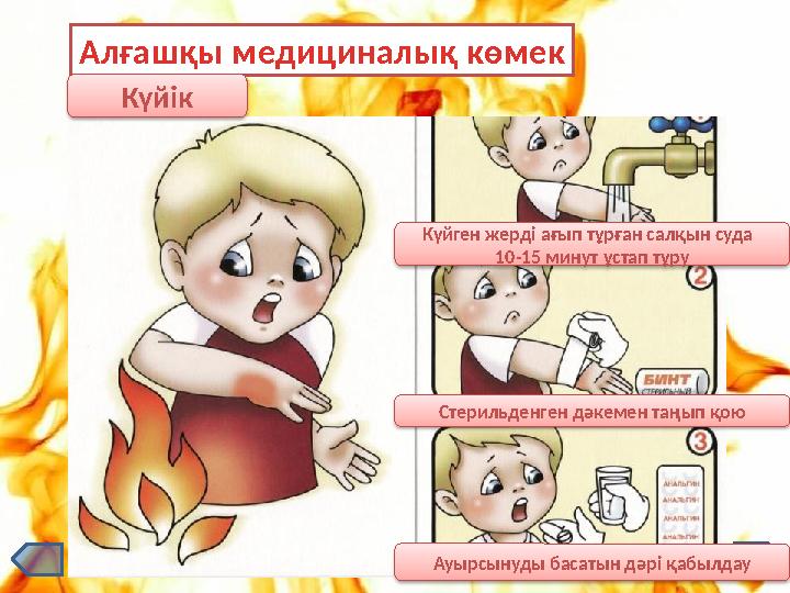 Алғашқы медициналық көмек Күйген жерді ағып тұрған салқын суда 10-15 минут ұстап тұру Стерильденген дәкемен таңып қою Ауы Алғашқы медициналық көмек Күйген жерді ағып тұрған салқын суда 10-15 минут ұстап тұру Стерильденген дәкемен таңып қою Ауы