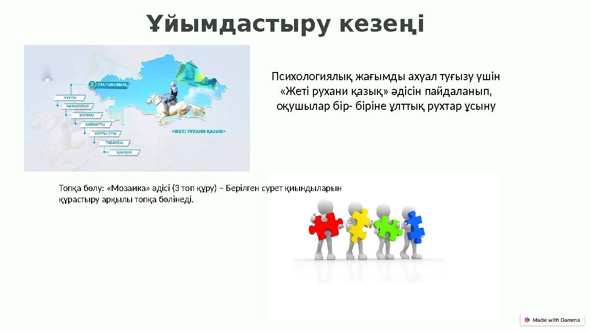 Ұйымдастыру кезеңі Психологиялық жағымды ахуал туғызу үшін «Жеті рухани қазық» әдісін пайдаланып, оқушылар бір- біріне ұлттық